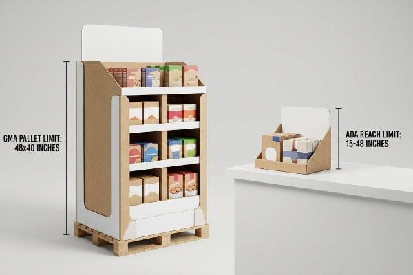 Kraft and white cardboard retail displays: a floor unit on a pallet with 'GMA Pallet Limit: 48x40 Inches' and a countertop unit with 'ADA Reach Limit: 15-48 Inches'.