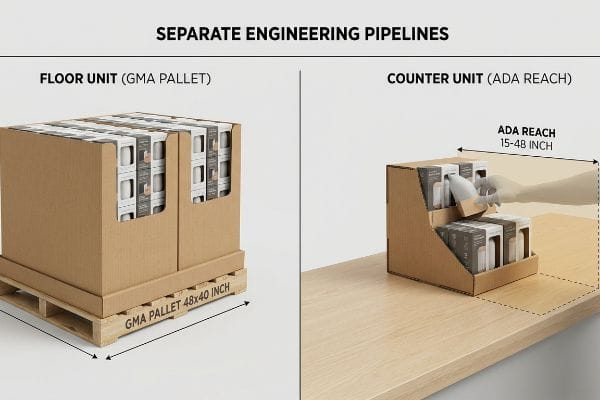 Braune Wellpappen-Verkaufsdisplays heben separate Engineering-Pipelines hervor: eine Bodeneinheit auf einer GMA-Palette 48x40 Zoll und eine Thekeneinheit mit ADA-Reichweite 15-48 Zoll.