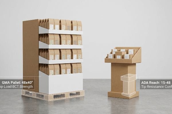 Brown cardboard POP floor display on a GMA 48x40 inch pallet with Top-Load BCT Strength, next to a POS counter display featuring ADA 15-48 inch reach and Tip Resistance.