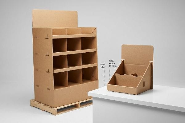 Natural brown corrugated cardboard retail display units, showing a GMA pallet floor display and an ADA reach countertop unit.