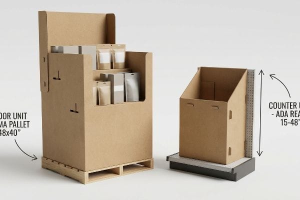 Kraft cardboard floor unit on a GMA Pallet 48x40 displaying stand-up pouches, alongside an empty counter unit for ADA Reach 15-48.