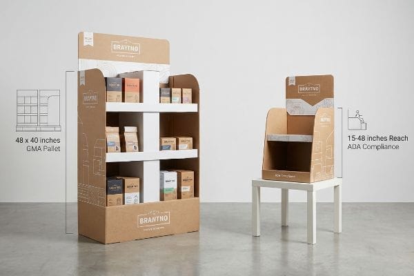 Natural kraft BRAYTNO floor display, 48x40 inches GMA pallet compliant, and a counter unit meeting 15-48 inches ADA reach.