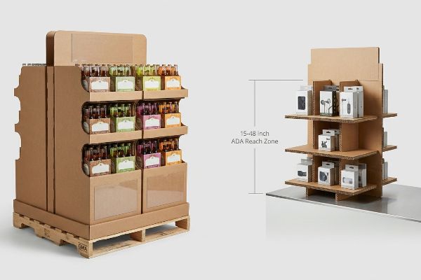 Brown corrugated floor pallet display on GMA pallet with bottled drinks, beside a counter unit showing 15-48 inch ADA Reach Zone.