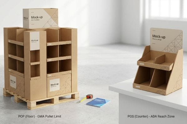 Brown cardboard POP floor display on a pallet and POS counter display with 'Mock-up' branding, highlighting Gma Pallet Limit and Ada Reach Zone compliance.