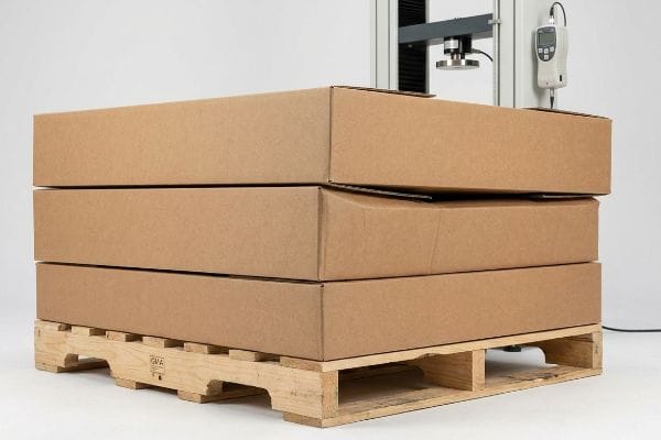 Brown corrugated master cartons stacked on a GMA pallet undergoing a box compression test for vertical load bearing strength.