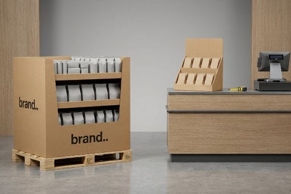 Brown corrugated cardboard POP floor display on a GMA wood pallet, branded