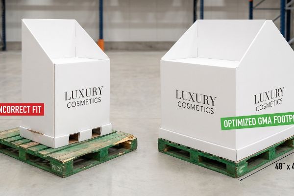 Two white Luxury Cosmetics pallet displays on green PECO pallets, comparing an Incorrect Fit with an Optimized GMA Footprint for 48x40 dimensions.