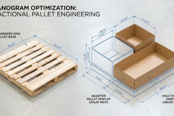 GMA pallet (48x40) with blueprint of Quarter (24x20) and Half (48x20) Pallet Displays.