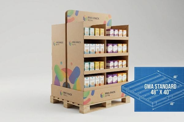 Kraft cardboard PRO-PACK RETAIL pallet display on a wooden pallet, filled with product boxes, with a GMA Standard 48x40 blueprint.