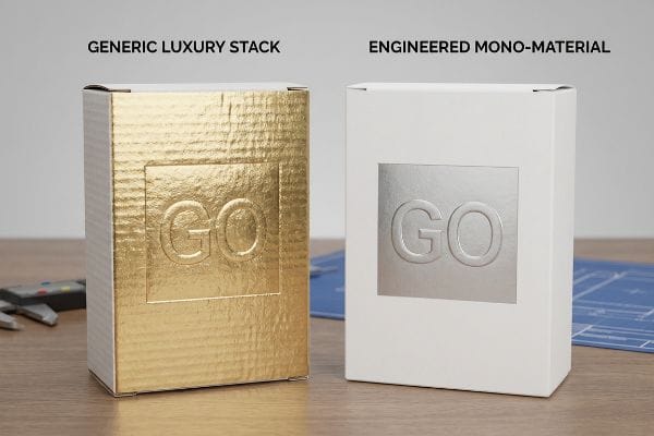 Gold corrugated 'Generic Luxury Stack' box with embossed 'GO' beside a smooth white 'Engineered Mono-Material' box with silver embossed 'GO'.
