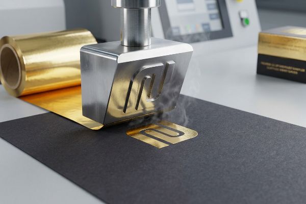 Hot foil stamping machine applies a stylized gold foil logo onto black paper, creating a premium metallic finish.