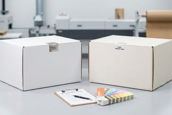 A quality control setup with two cardboard boxes labeled 'Golden Sample' and 'Mass Production', alongside a Pantone color guide and a checklist.