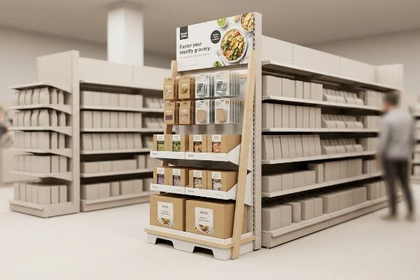 A Good & Proper point of purchase display in a grocery aisle, showcasing packaged pesto and pasta products, with a 'Faster Your Healthy Grocery' sign.
