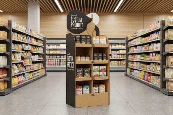 Corrugated cardboard custom display box in a grocery aisle, showcasing 'Goodness Custom Product' and 'An Organic/Eco Company' on its die-cut header, filled with diverse packaged goods.