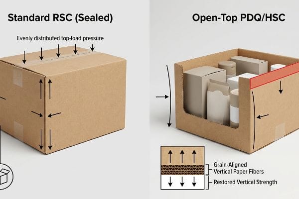 Standard RSC (Sealed) box with even top-load pressure contrasted with Open-Top PDQ/HSC, showing grain-aligned vertical paper fibers for restored strength.