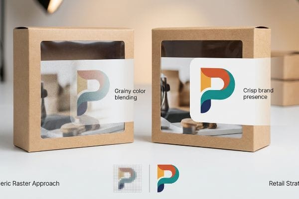 Brown cardboard boxes compare 'Grainy Color Blending' raster logo to 'Crisp Brand Presence' vector logo for retail strategy.