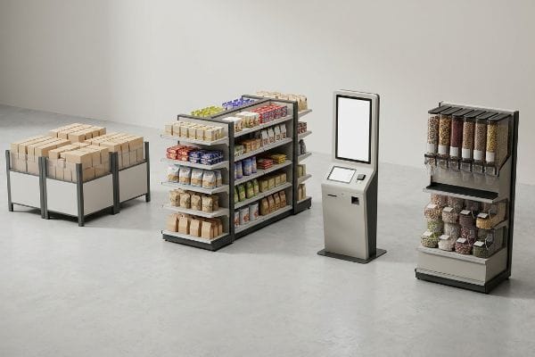 A modern retail environment displays modular floor bins, multi-tiered shelving, an interactive kiosk, and gravity-feed dispensers.