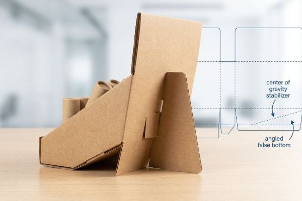 Corrugated countertop PDQ display with easel back and dieline, highlighting center of gravity stabilizer and angled false bottom.