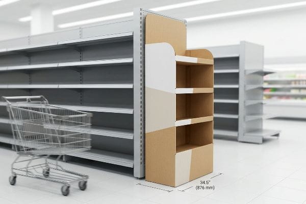 Corrugated cardboard free standing display unit, 34.5 inches (876 mm) wide, in a supermarket aisle next to empty metal shelves.