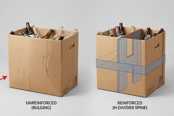 Brown corrugated boxes: unreinforced (bulging) with bottles, reinforced (H-Divider spine) preventing outward pressure.