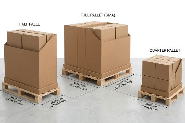 Half Pallet (48x20 inch), Full Pallet Gma (48x40 inch), and Quarter Pallet (24x20 inch) displays on wooden pallets.