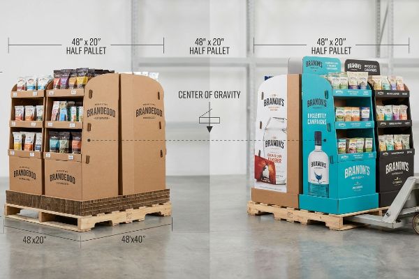Brown corrugated 'Brandedd' and blue 'Brandon's' half pallet displays on wooden pallets, highlighting 48x20 dimensions and center of gravity.