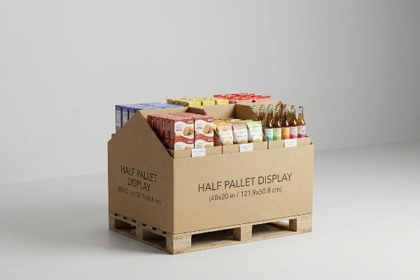 Brown corrugated cardboard Half Pallet Display (48x20 in / 121.9x50.8 cm) for retail cross merchandising, filled with diverse packaged snacks and beverages.