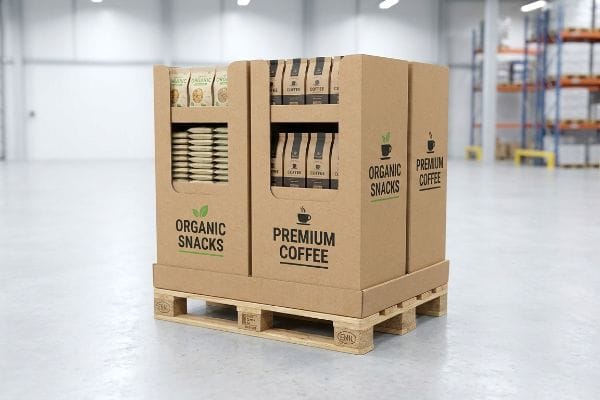 Brown corrugated cardboard fractional pallet display on a wooden pallet, featuring Organic Snacks and Premium Coffee products.