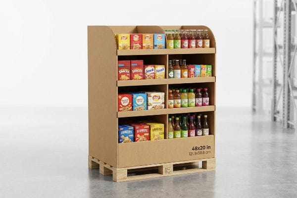 Brown corrugated cardboard half-pallet merchandiser, 48x20 in (121.9x50.8 cm), filled with Lay's chips, snacks, and bottled drinks.