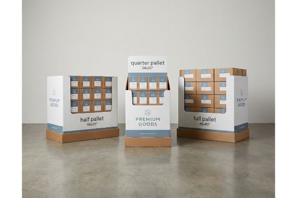White corrugated half, quarter, and full pallet merchandisers displaying Premium Goods products, with dimensions 48x20, 24x20, and 48x40 inches respectively.
