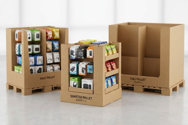 Corrugated cardboard Half, Quarter (24x20 In.), and Full (48x40 In.) Pallet displays, with products and an empty unit.