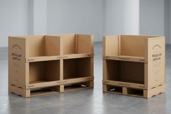 Corrugated cardboard modular display units, including a 48x20 Half Pallet and 24x20 Quarter Pallet, branded 'Modular Display' and 'Premium Goods'.