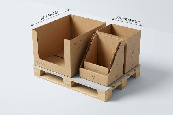 Cajas expositoras de cartón corrugado marrón, una de medio palé y dos de un cuarto de palé, colocadas sobre un palé de madera, que muestran la distribución fraccionada del espacio comercial.