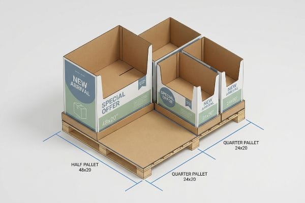Corrugated cardboard half pallet 48x20 and two quarter pallet 24x20 floor displays, featuring 'New Arrival' and 'Special Offer' branding for retail product merchandising.