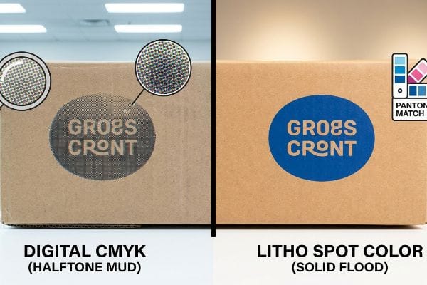 棕色瓦楞纸板箱对比了 Groes Cront 标志的数码 CMYK 半色调网点和胶印专色实色填充,突出了 Pantone 配色。.
