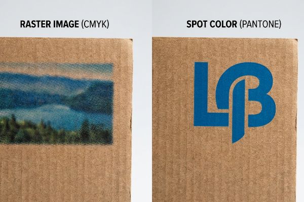 Corrugated cardboard displays comparing Raster Image (CMYK) with visible halftone dots to a crisp blue LB Spot Color (Pantone) logo.