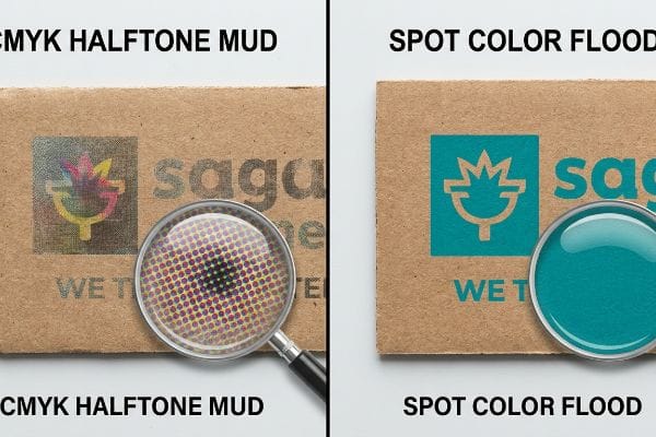 Brown corrugated material shows CMYK Halftone Mud with visible dots versus vibrant Spot Color Flood for superior brand clarity.