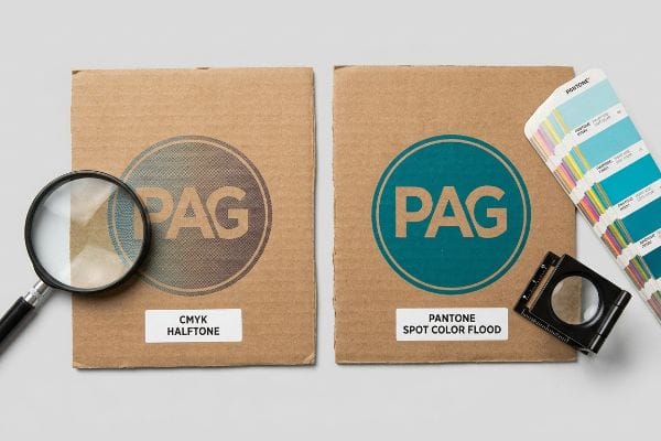 Corrugated cardboard samples compare Pag logos: grainy CMYK Halftone with magnifying glass, and vibrant Pantone Spot Color Flood with swatch book.