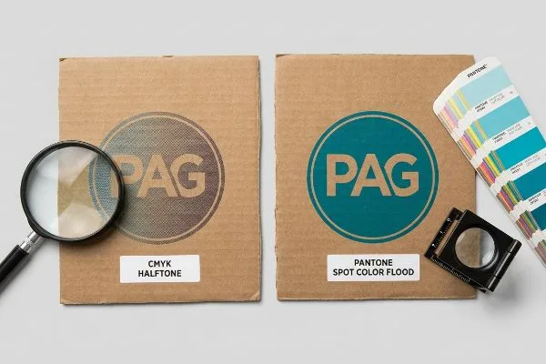Comparación de los logotipos de Pag en muestras de cartón corrugado: semitonos CMYK granulados con lupa y colores Pantone vibrantes con muestrario.