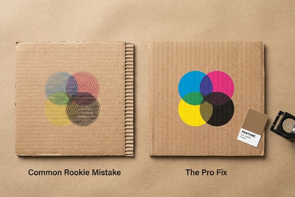 Deux panneaux en carton ondulé comparent la trame CMJN (erreur courante de débutant) à une couleur Pantone vibrante (la solution pro) pour une cohérence de marque.