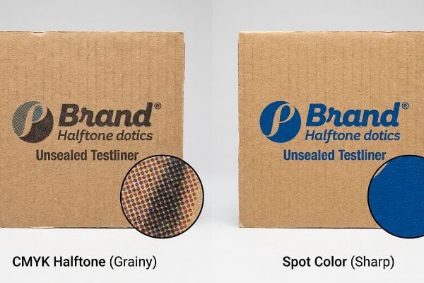 El cartón de prueba poroso sin sellar muestra la impresión en semitonos CMYK (granulada) frente a la impresión en colores directos (nítida) para los datos de semitonos de marca.