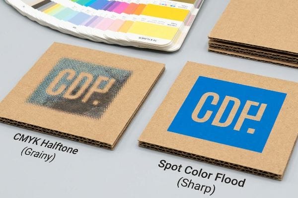 Corrugated cardboard samples comparing Cmyk Halftone (Grainy) Cdp logo to sharp Spot Color Flood Cdp! print.