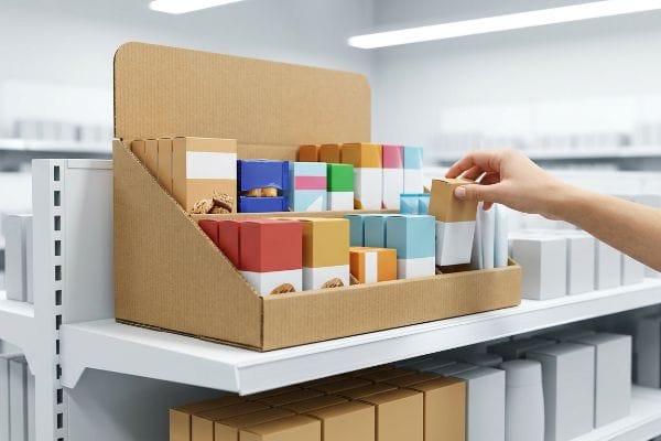 Hand selecting a product from a corrugated PDQ display on a retail shelf, driving impulse purchases.
