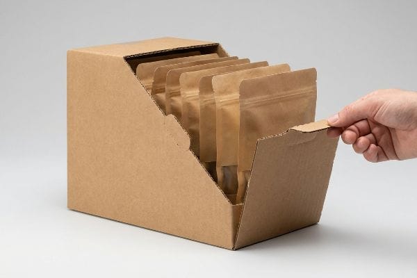 茶色の段ボール製、切り取り式のディスプレイボックス。自立式のパウチが付いており、前面のミシン目入りパネルを手が引っ張っている様子が描かれている。店頭にすぐに陳列できる状態になっている。.