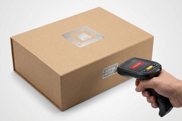 Brown cardboard box featuring a silver RFID antenna foil stamp, scanned by a hand-held Eason device.