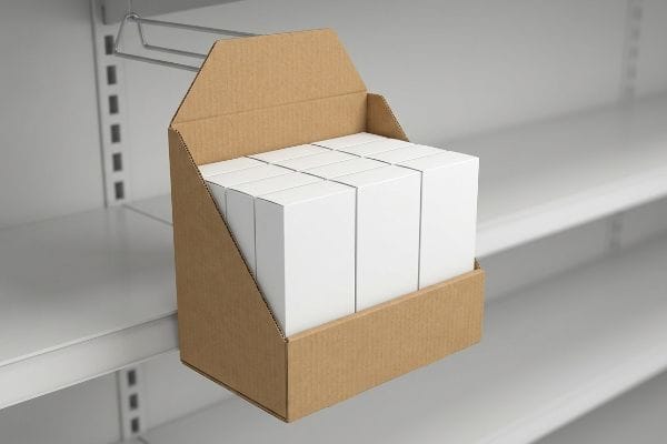 A corrugated PDQ sidekick display, filled with generic white product boxes, hangs from a metal hook on a grey retail shelf system.