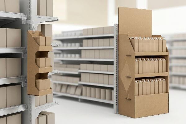 A retail aisle features a corrugated sidekick display hanging from shelving and a freestanding endcap display with cartons.