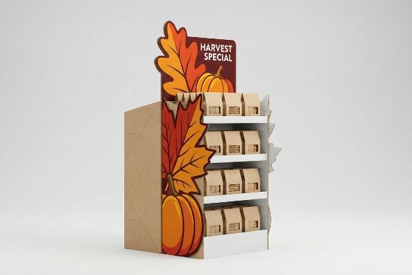 Corrugated cardboard seasonal display featuring die-cut autumn leaves and pumpkins, with a 'Harvest Special' header, holding kraft product boxes.