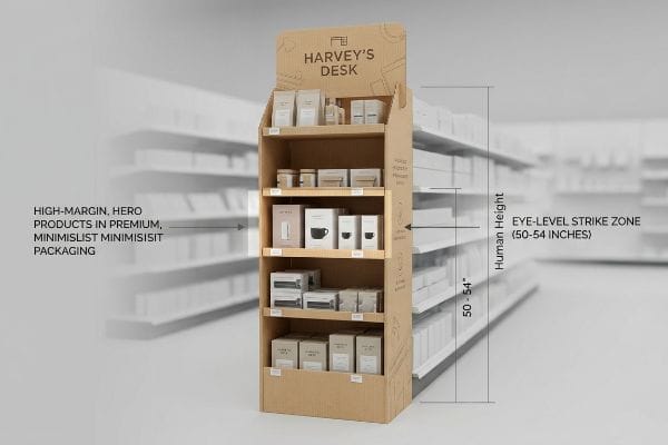 Corrugated cardboard retail display for Harvey's Desk, showcasing high-margin hero products in premium, minimalist packaging within the eye-level strike zone (50-54 inches).