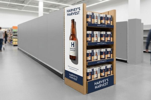 Corrugated cardboard endcap display for Harvey's Harvest beer, showcasing bottles and boxes in a retail aisle.